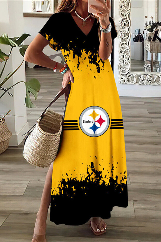 Pittsburgh Steelers V-Neck Side Slit Long Dress