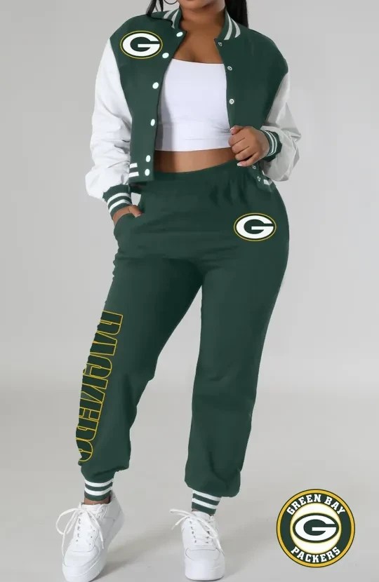 Green Bay Packers Women's Varsity Jacket Crop Tops Sweatpants Tracksuit