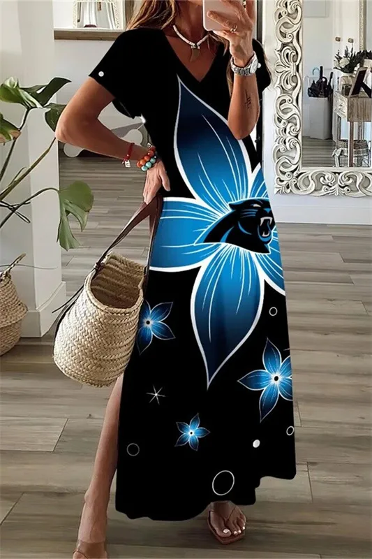 Carolina Panthers V-Neck Side Slit Long Dress