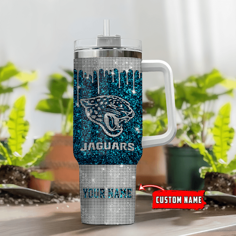 Jacksonville Jaguars Personalized NFL Glitter and Diamonds Bling 40oz Stanley Tumbler Gift for Fans - Side View