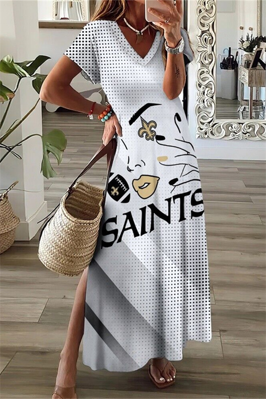 New Orleans Saints V-Neck Side Slit Long Dress