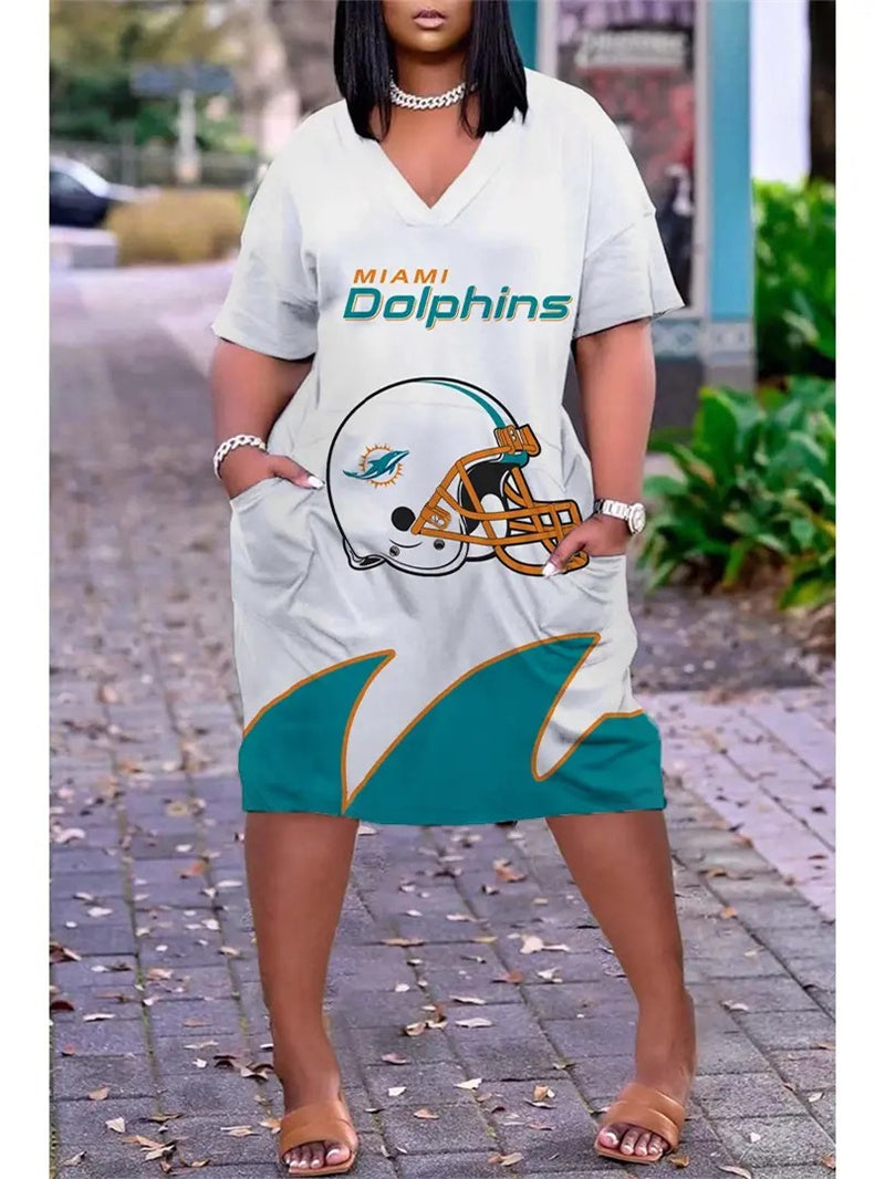 Miami Dolphins V-neck Casual Pocket Dress