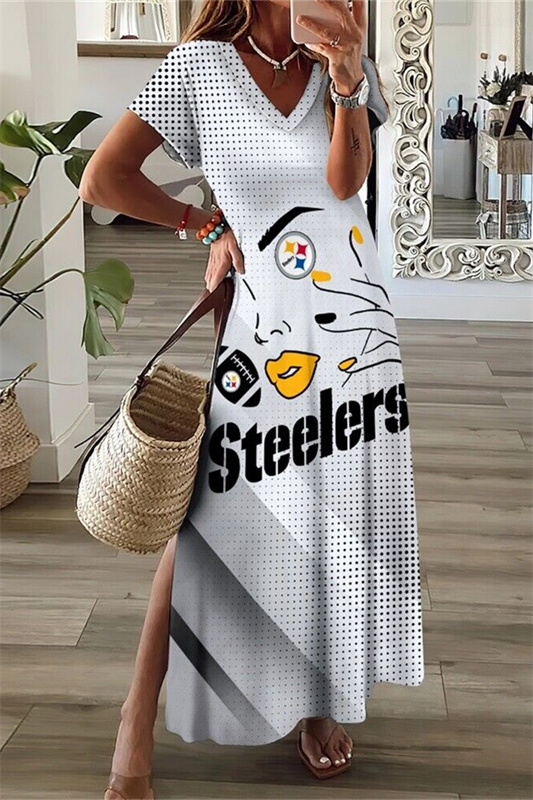 Pittsburgh Steelers V-Neck Side Slit Long Dress