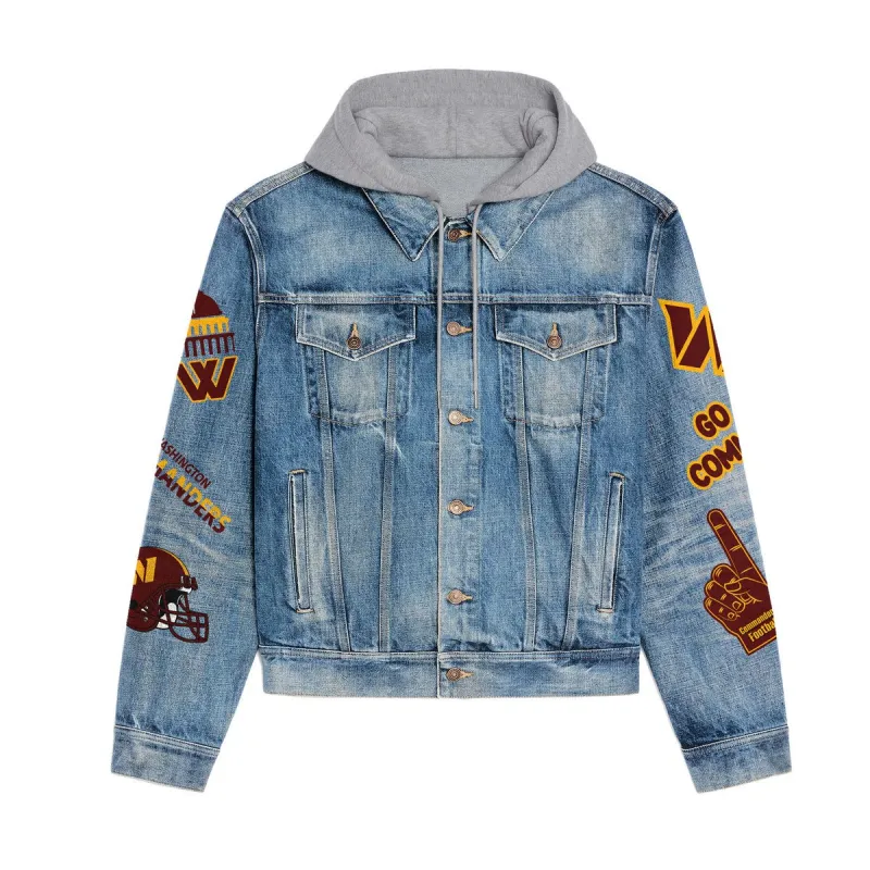 Back View of Washington Commanders Hooded Denim Jacket
