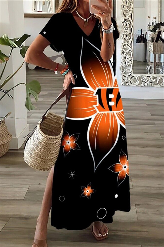 Cincinnati Bengals V-Neck Side Slit Long Dress