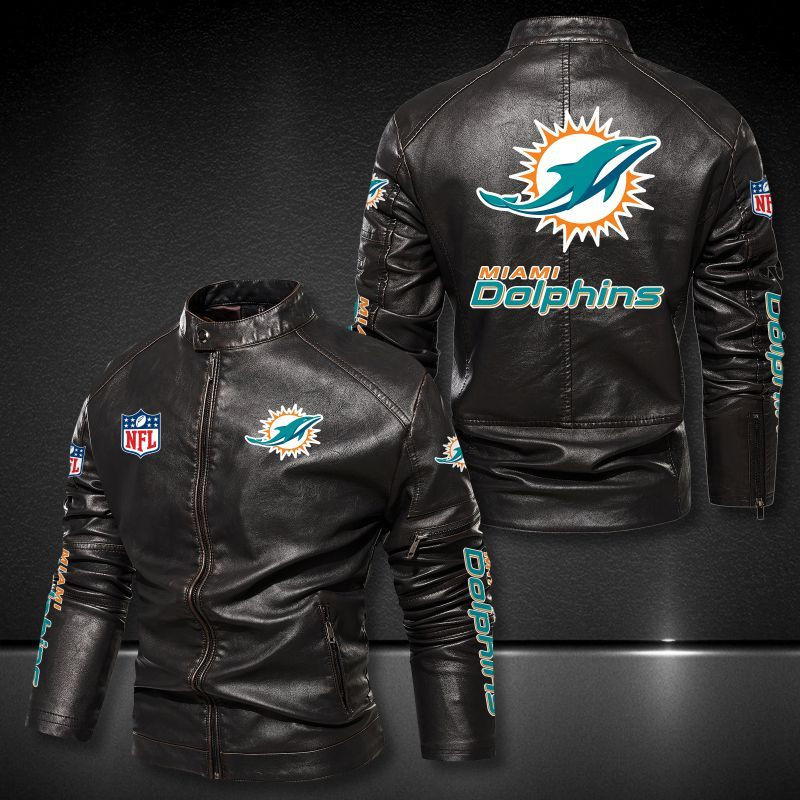 Miami Dolphins Stand-up Collar Leather Jacket