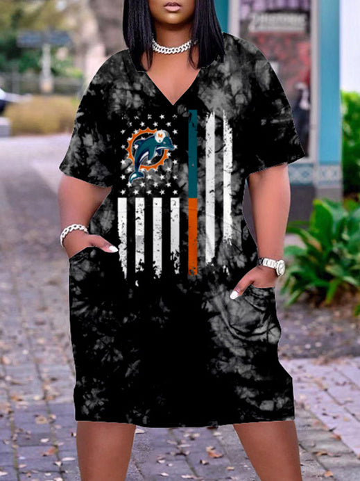 Miami Dolphins V-neck Casual Pocket Dress
