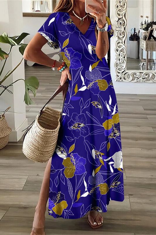 Baltimore Ravens V-Neck Side Slit Long Dress