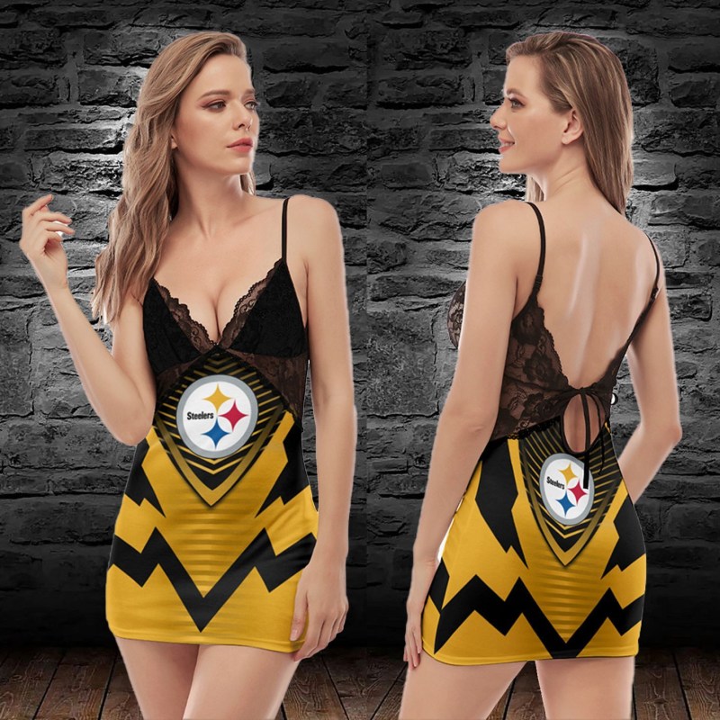 Pittsburgh Steelers Lace Back Strap Slip Dress Back View