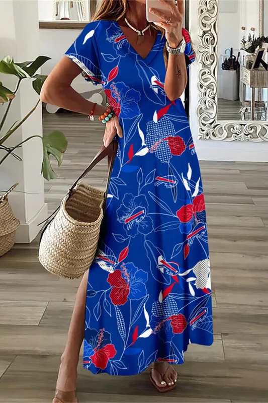 Buffalo Bills V-Neck Side Slit Long Dress