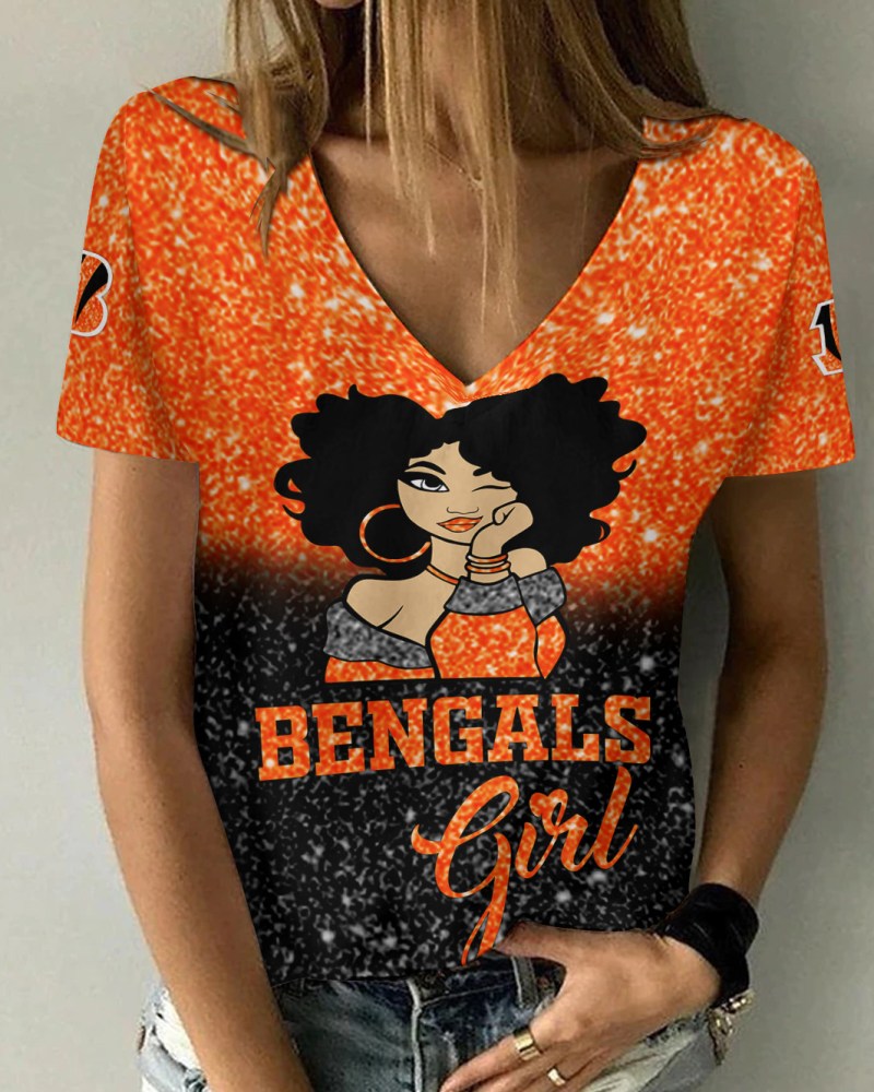 Cincinnati Bengals Personalized Summer V-neck Women's T-shirt Front View
