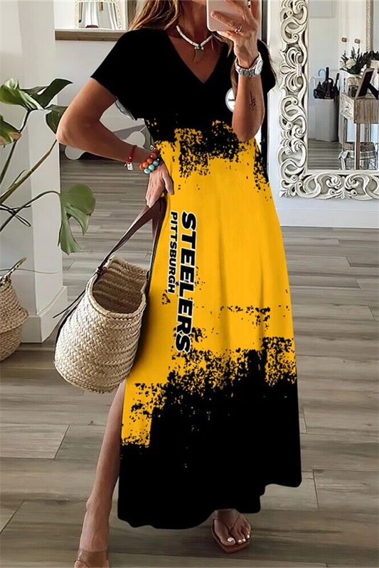 Pittsburgh Steelers V-Neck Side Slit Long Dress