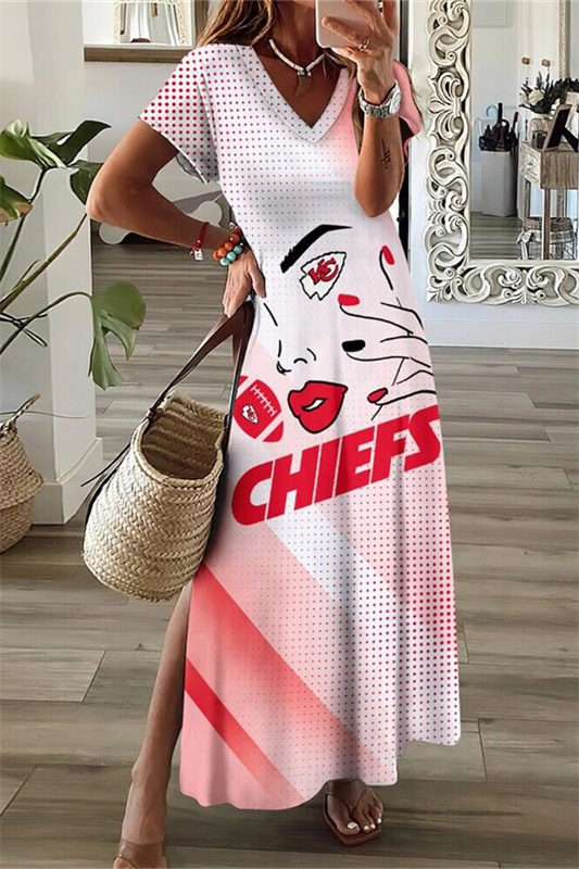 Kansas City Chiefs V-Neck Side Slit Long Dress