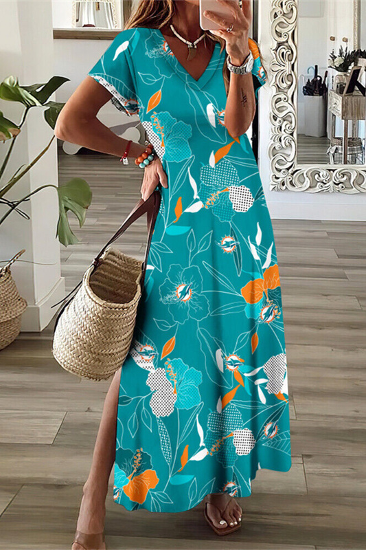 Miami Dolphins V-Neck Side Slit Long Dress