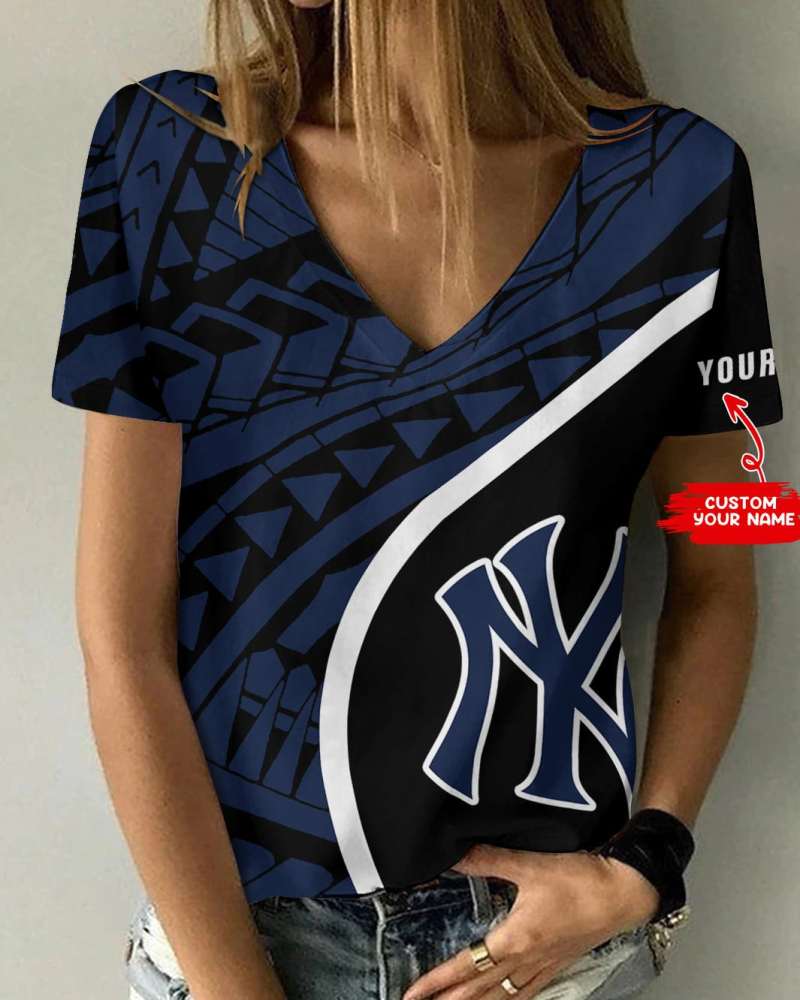 New York Yankees Personalized Summer V-neck Women T-shirt