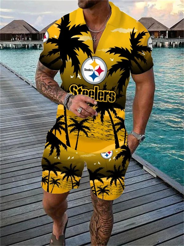 Pittsburgh Steelers Zip Polo Shirt and Shorts