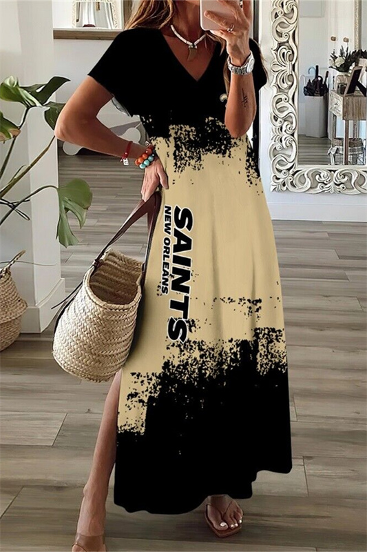 New Orleans Saints V-Neck Side Slit Long Dress