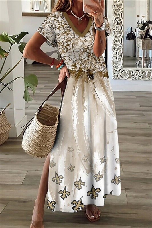 New Orleans Saints V-Neck Side Slit Long Dress