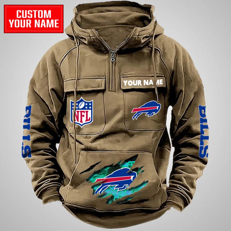 Buffalo Bills Multi-Pockets Zip Hoodie Khaki