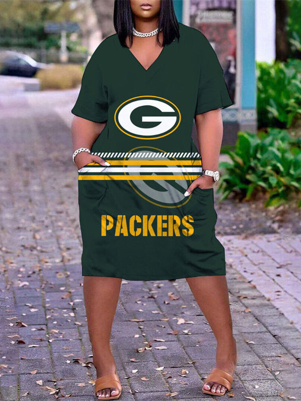 Green Bay Packers V-neck Casual Pocket Dress