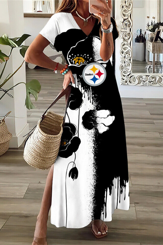 Pittsburgh Steelers V-Neck Side Slit Long Dress