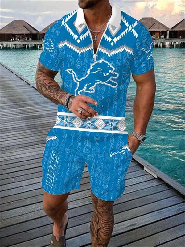 Detroit Lions Zip Polo Shirt and Shorts