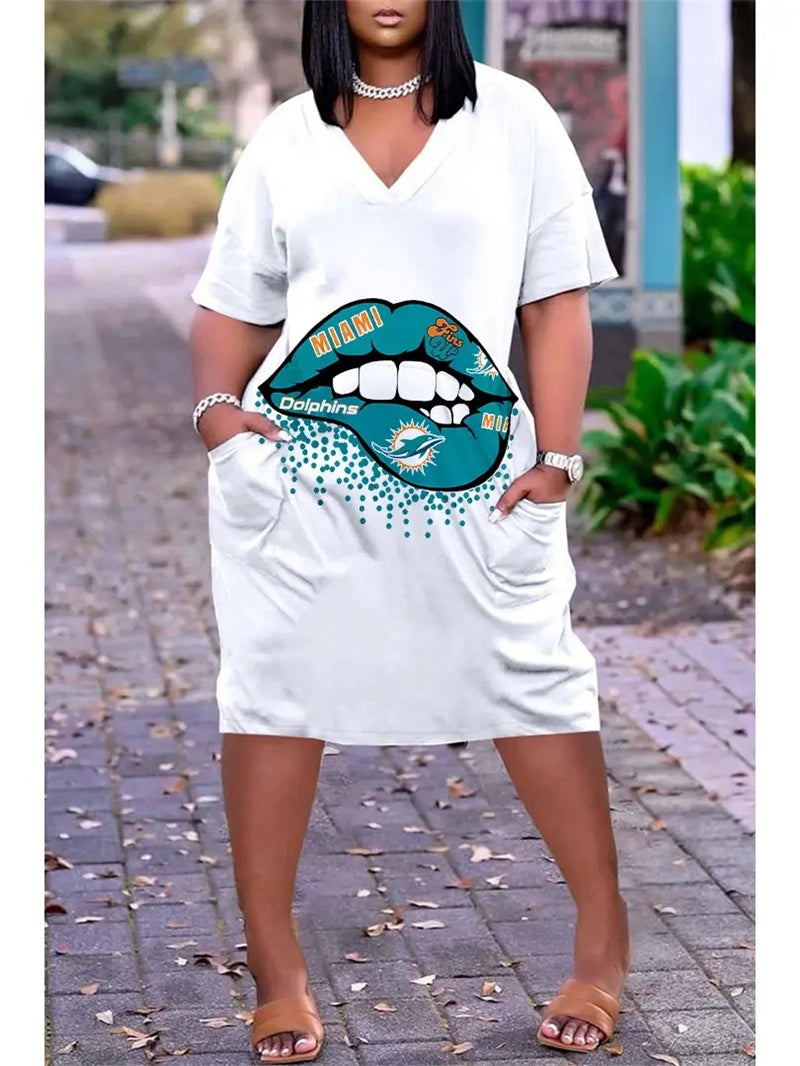 Miami Dolphins V-neck Casual Pocket Dress