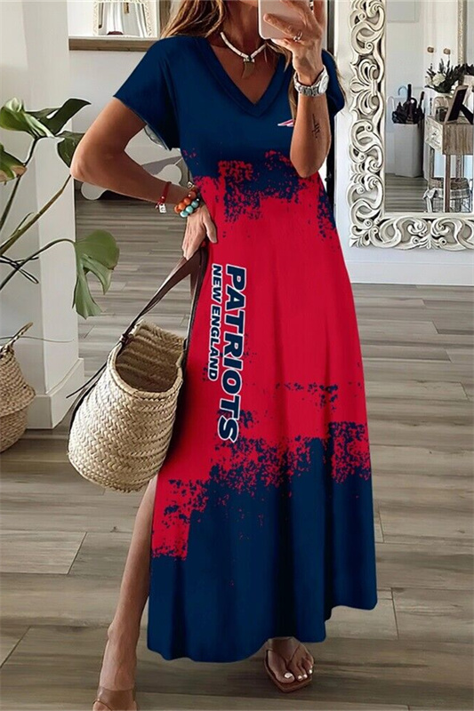 New England Patriots V-Neck Side Slit Long Dress