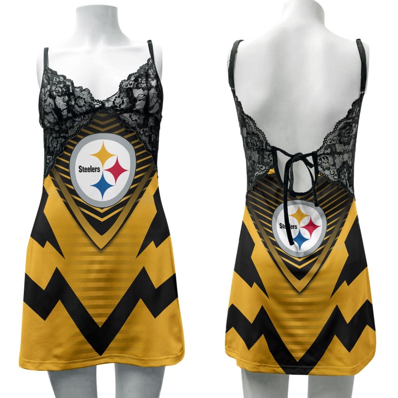 Pittsburgh Steelers Lace Back Strap Slip Dress Front View
