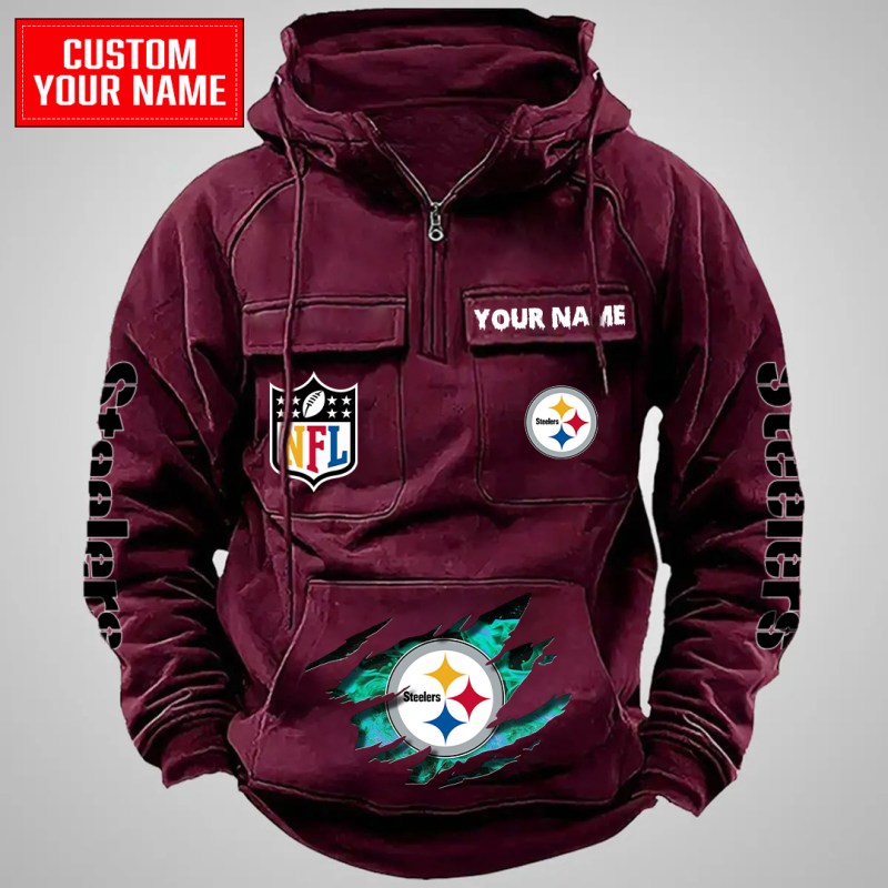 Pittsburgh Steelers Multi-Pockets Zip Hoodie Red