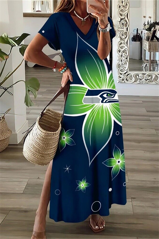 Seattle Seahawks V-Neck Side Slit Long Dress