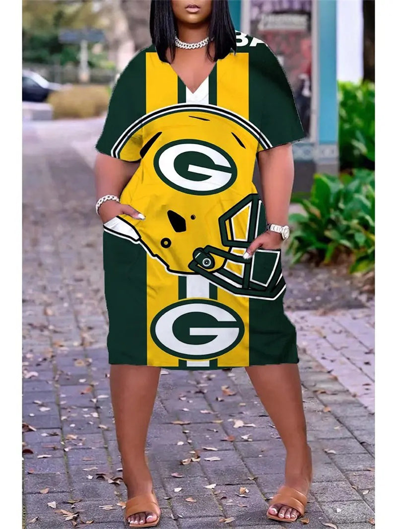 Green Bay Packers V-neck Casual Pocket Dress