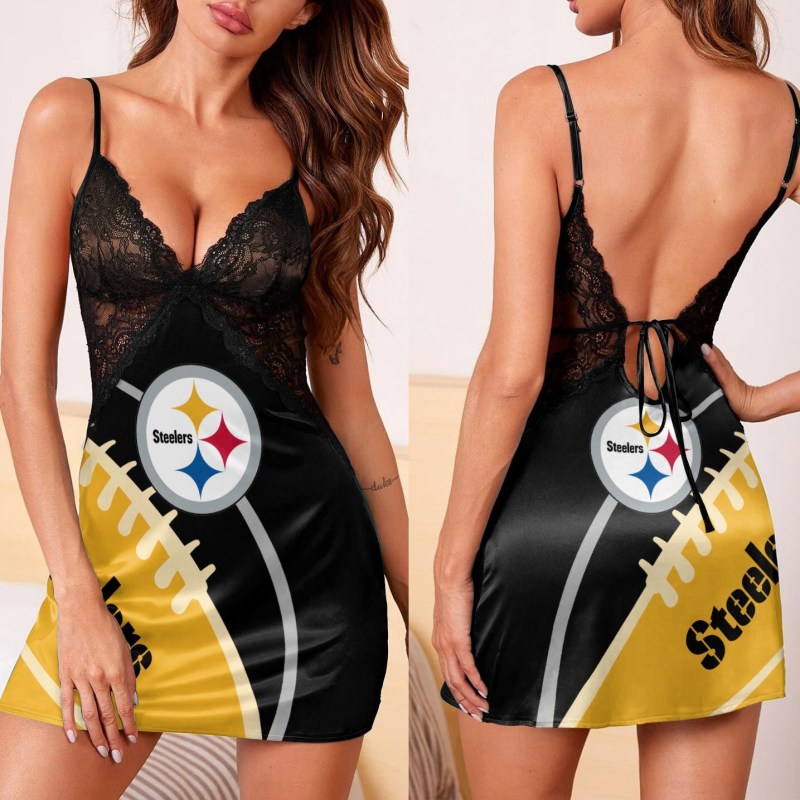 Pittsburgh Steelers Lace Back Strap Slip Dress Back View