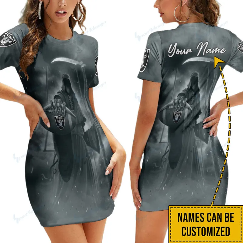 Las Vegas Raiders Personalized Short Sleeve Bodycon Mini Dress