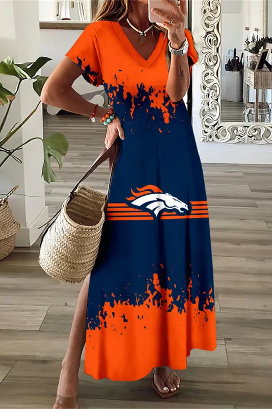 Denver Broncos V-Neck Side Slit Long Dress