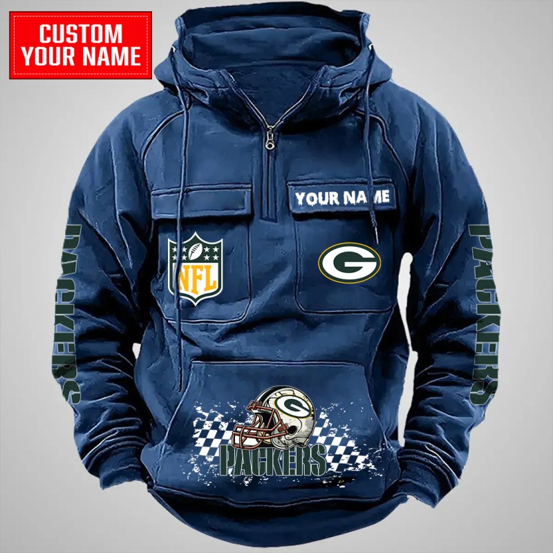 Navy Green Bay Packers Multi-Pockets Zip Hoodie