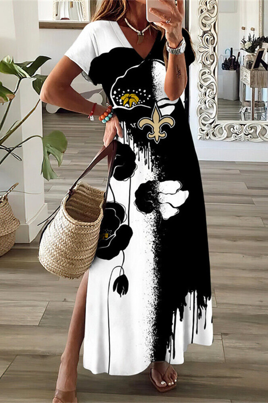 New Orleans Saints V-Neck Side Slit Long Dress