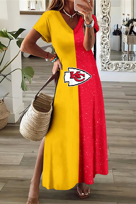 Kansas City Chiefs V-Neck Side Slit Long Dress