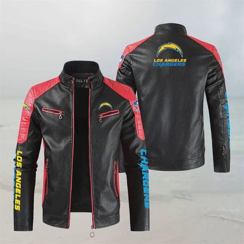 Los Angeles Chargers Stand Collar Leather Jacket Front View