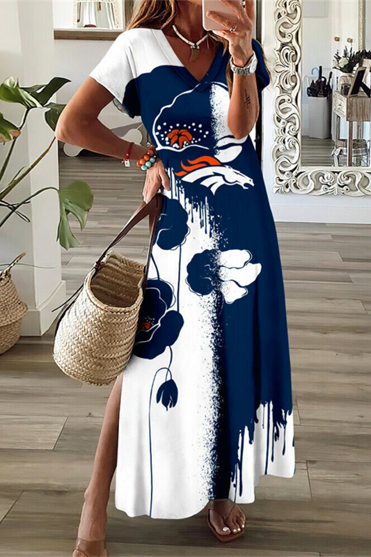 Denver Broncos V-Neck Side Slit Long Dress