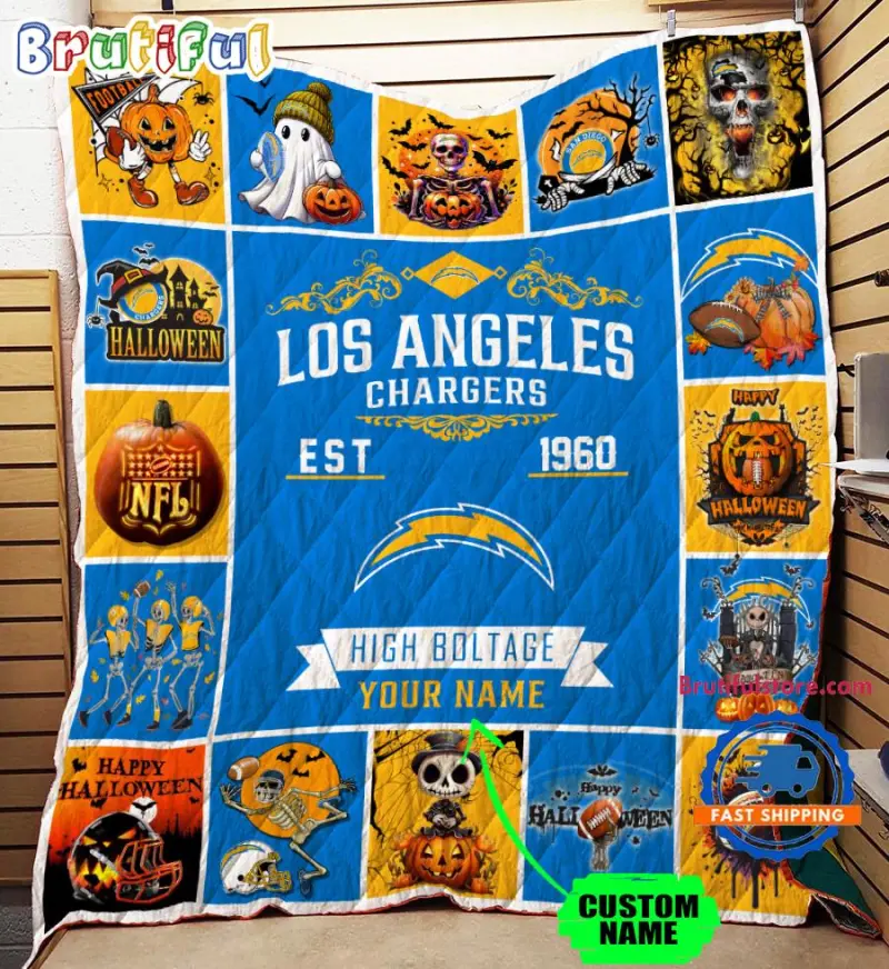 Los Angeles Chargers Pumpkin Halloween Quilt Blanket