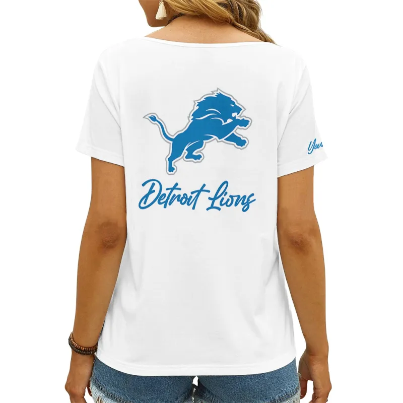 Detroit Lions Personalized V-neck Women T-shirt - Back View