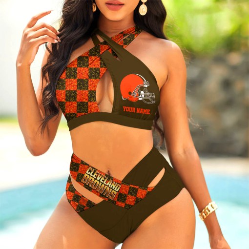Cleveland Browns Women's 2PCS Bikini Swimsuit - Criss Cross Cutout Bathing Suit