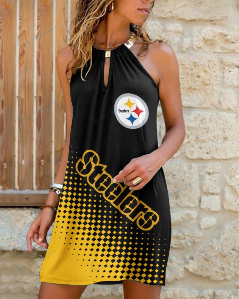 Pittsburgh Steelers Summer Casual Metal Halter Neck Sleeveless Dress
