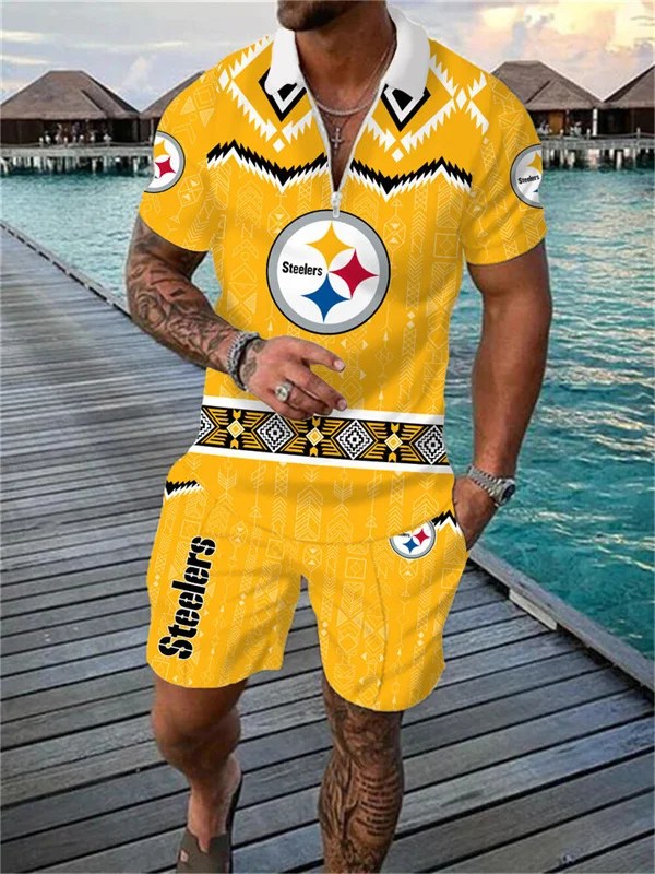 Pittsburgh Steelers Zip Polo Shirt and Shorts Men
