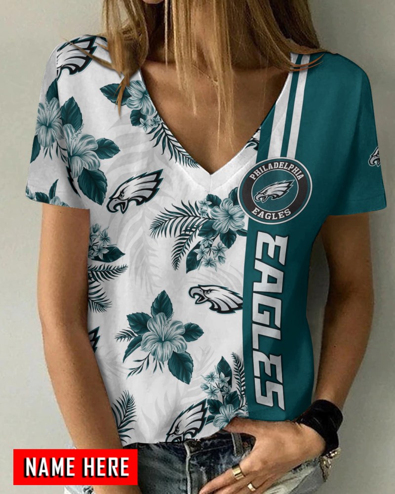 Philadelphia Eagles Personalized V-neck Women T-shirt Front View