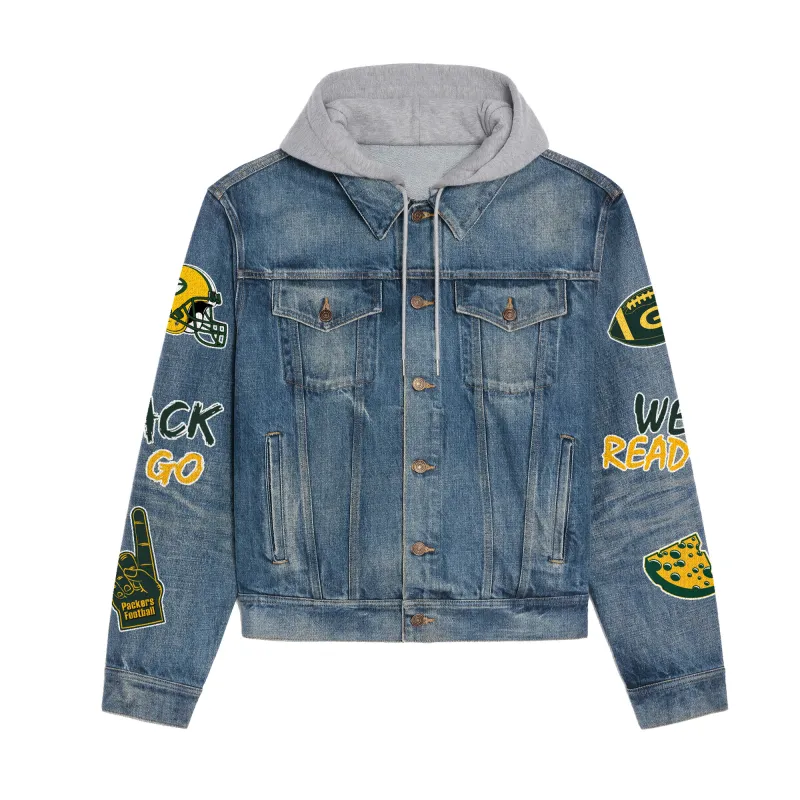 Green Bay Packers Premium Hooded Denim Jacket Back Design