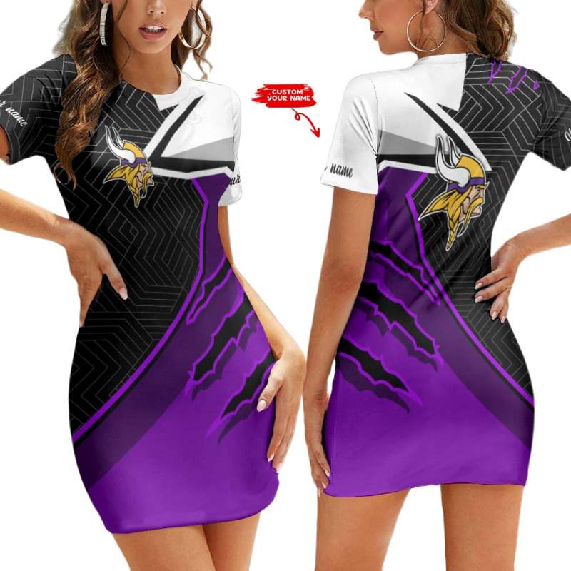 Minnesota Vikings Personalized Short Sleeve Bodycon Mini Dress