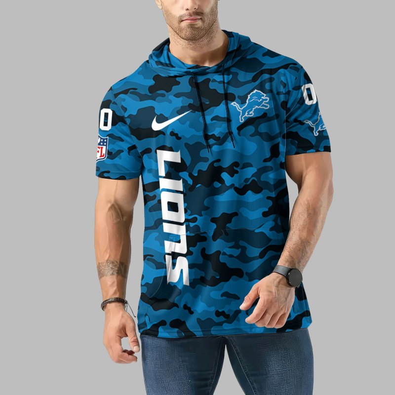 Detroit Lions Personalized Camo Short Sleeve Hoodie Front