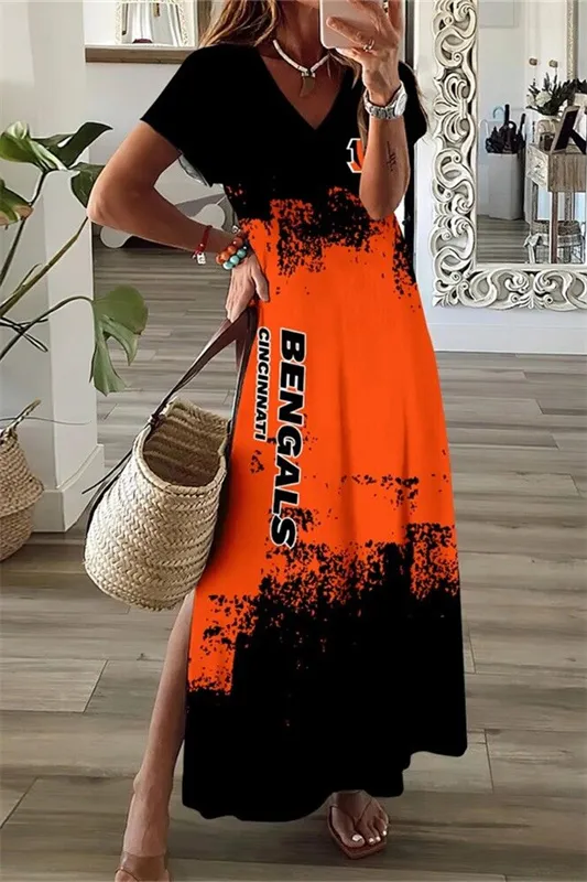 Cincinnati Bengals V-Neck Side Slit Long Dress